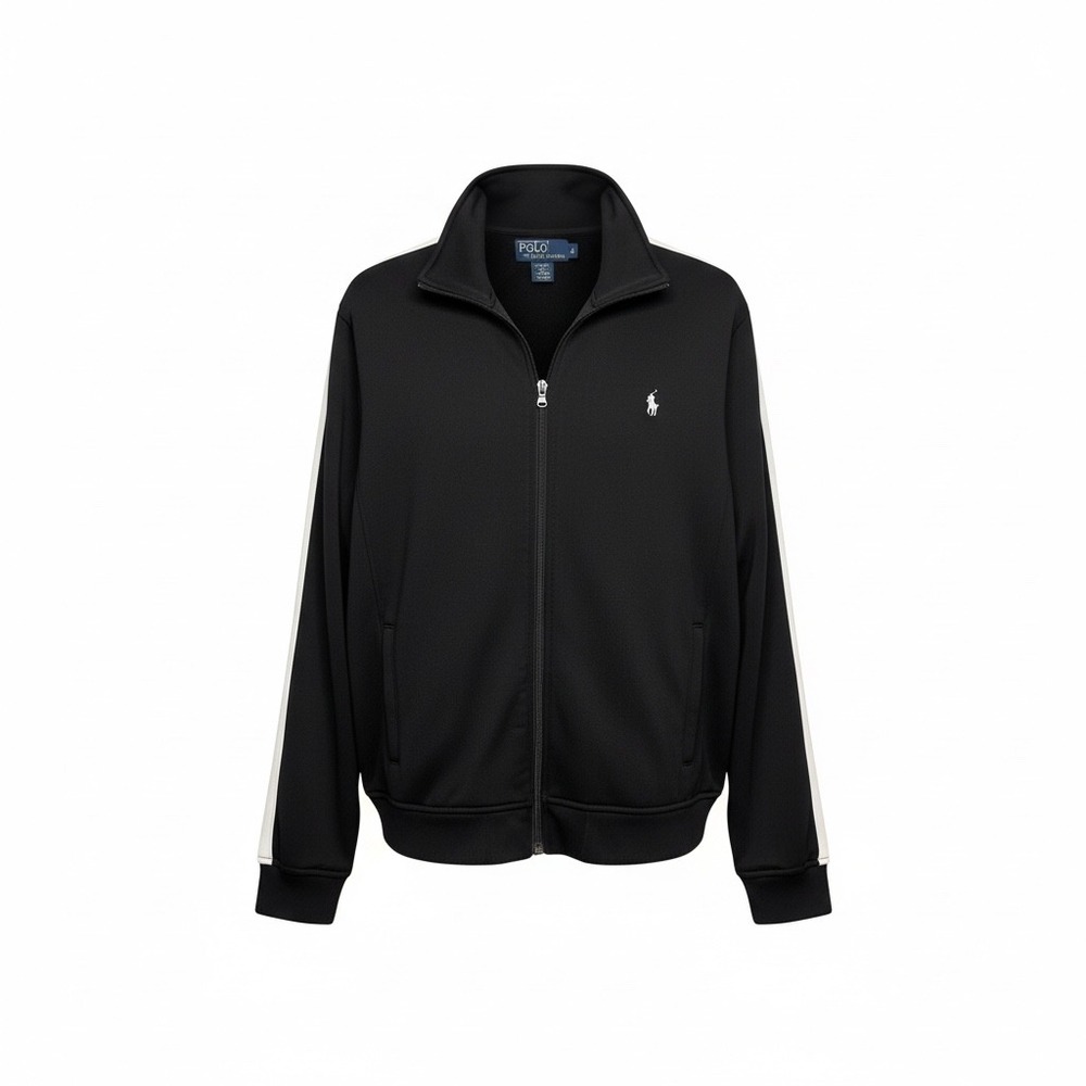 Polo Ralph Lauren Mens Track Jacket Black White Stripe Zip Up Fleece XL‎